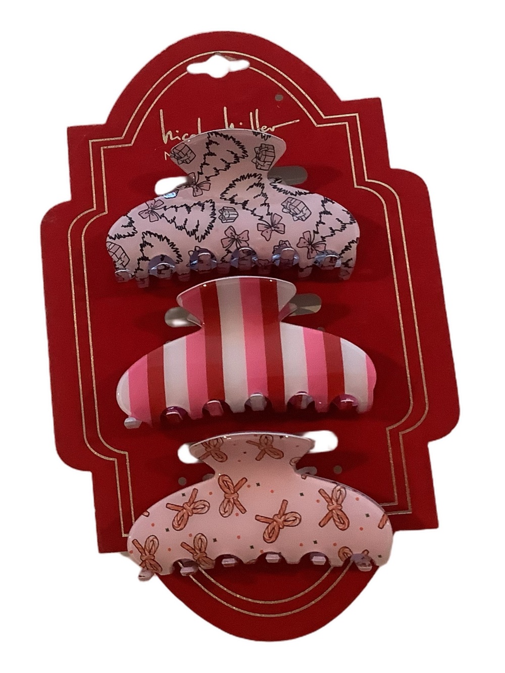 Nicole Miller Pink Holiday Bows, Stripes, & Christmas Tree Claw Clips New